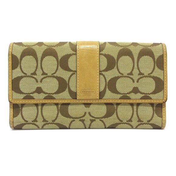 Auth COACH Signature - Beige Light Brown Jacquard Leather Long Wallet - Picture 1 of 13